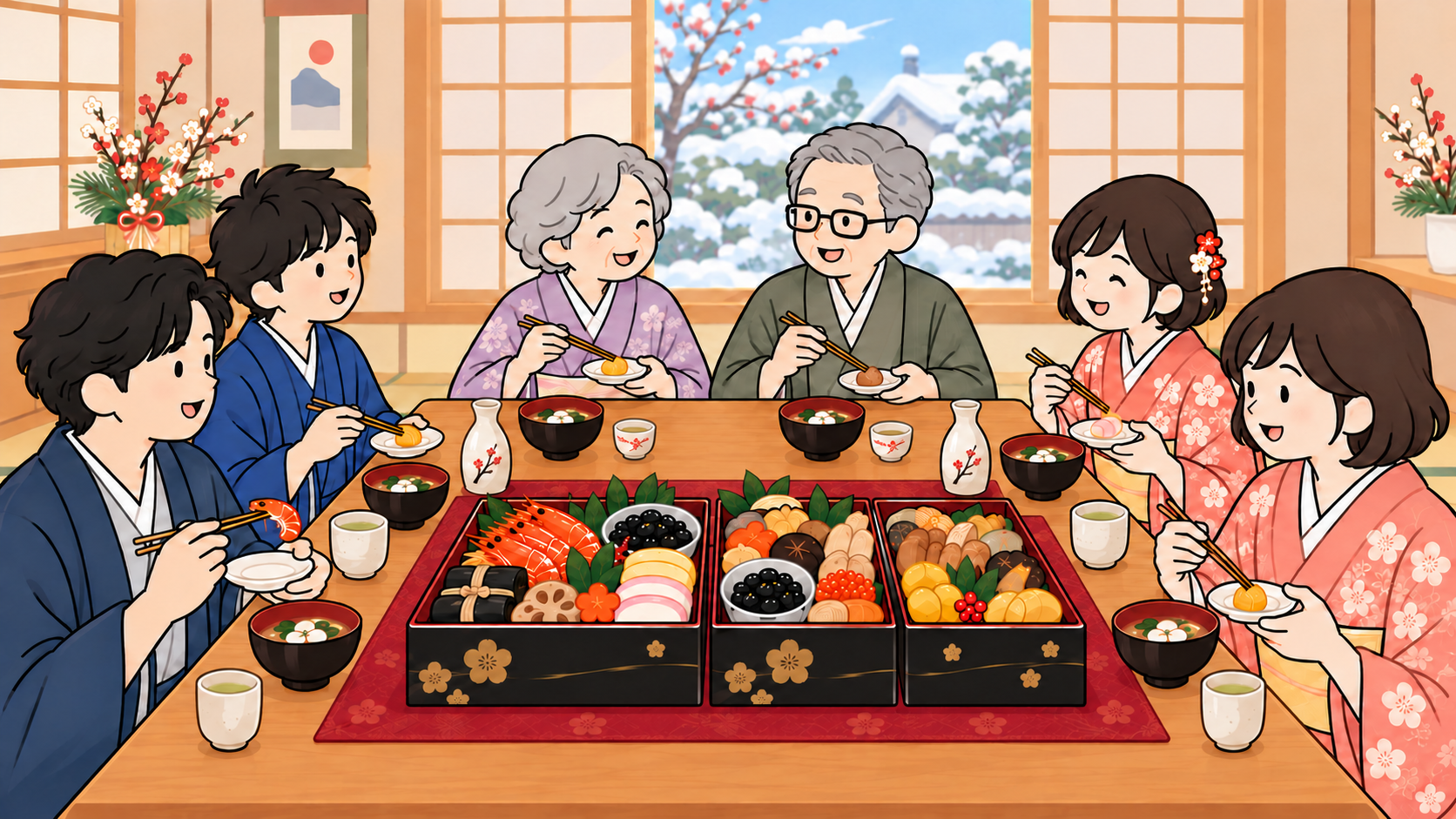 奥に祖父母、左右に両親と中学生の子どもが座り、四角いテーブルを囲む六人家族のイラスト