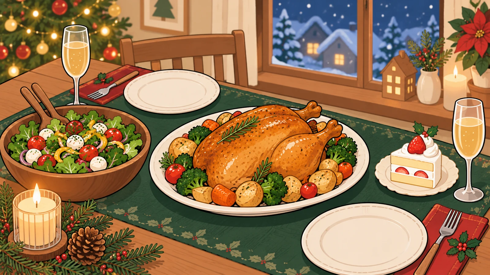 ローストチキンとサラダのクリスマスの食卓