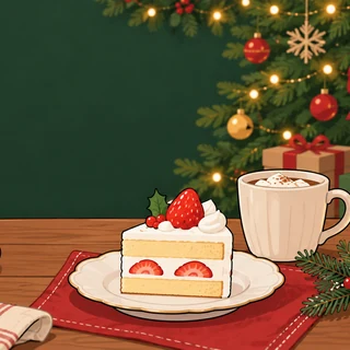 クリスマスの飾りと苺のケーキ