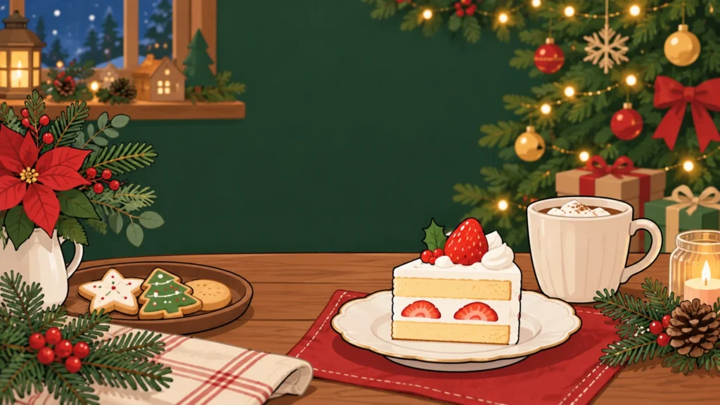 クリスマスの飾りと苺のケーキ