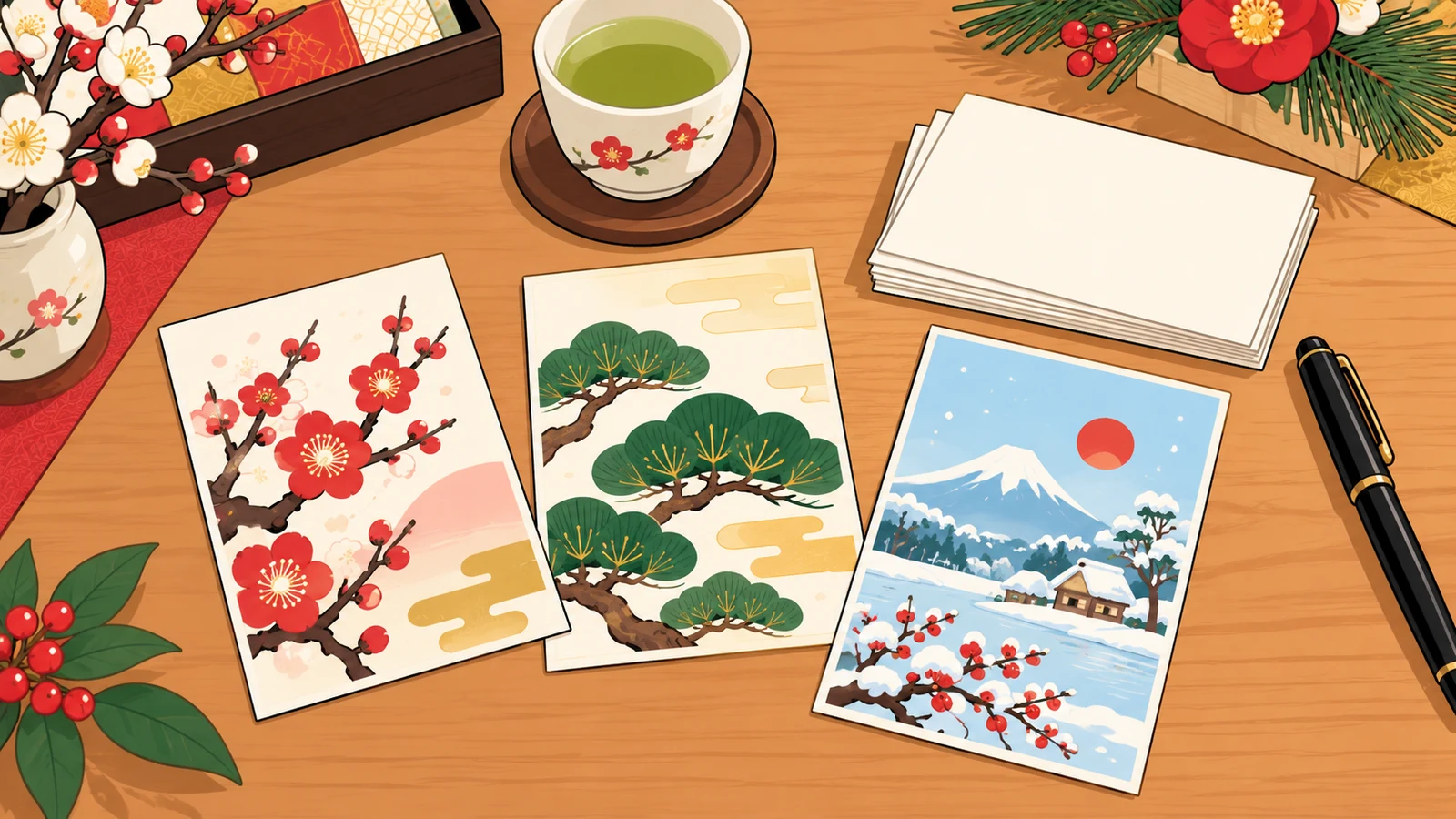 異なる絵柄の年賀状を並べた机