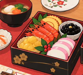 えび・黒豆・紅白かまぼこのあるおせちのお重のイラスト