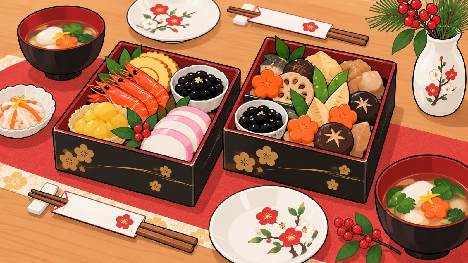 おせちのお重とお雑煮を並べた食卓