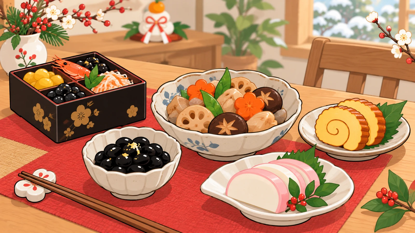 煮物や黒豆、かまぼこを並べた食卓