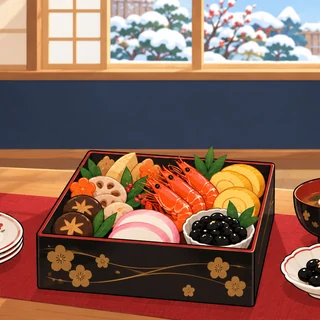 正月飾りとおせちのお重がある食卓